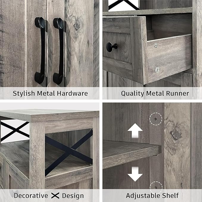 Farmhouse Storage Cabinet with Barn Doors and Open Shelf, Kitchen Pantry with Storage, Coffee Bar Station, Freestanding Cupboard Hutch Cabinet for Kitchen, Dinning Room, Livingroom, Grey