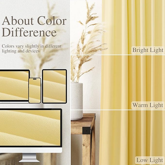 Yellow Linen Curtains 105 Inches Long for Living Room 2 Panels Set Extra Long Back Tab Curtains Neutral Farmhouse Light Filtering Semi Sheer Linen Drapes Ceiling to Floor for Large Window 52x105