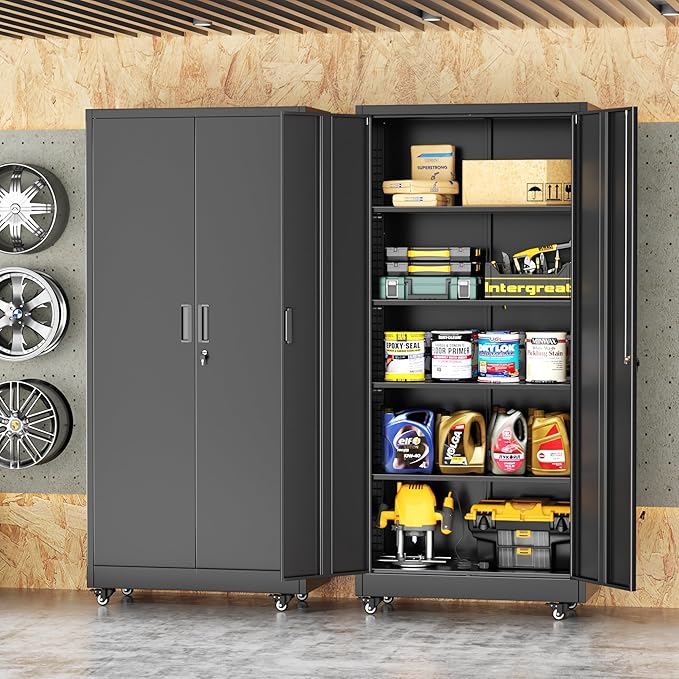 INTERGREAT Metal Storage Cabinet with Wheels, 72" Garage Storage Cabinets with Door and 4 Shelves, Tool Storage Locker on Caster for Home, Office, Black