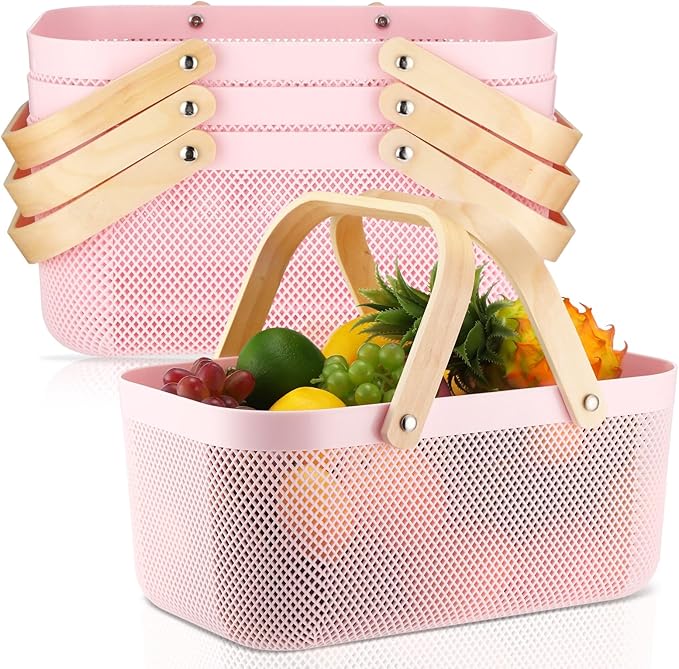 Sadnyy 4 Pcs Plastic Mesh Garden Harvest Basket Storage Basket with Wooden Handle Multi Functional Mesh Bin for Kitchen Cabinet Picnic Fruit Vegetable Gathering Organizer(Large,Pink)
