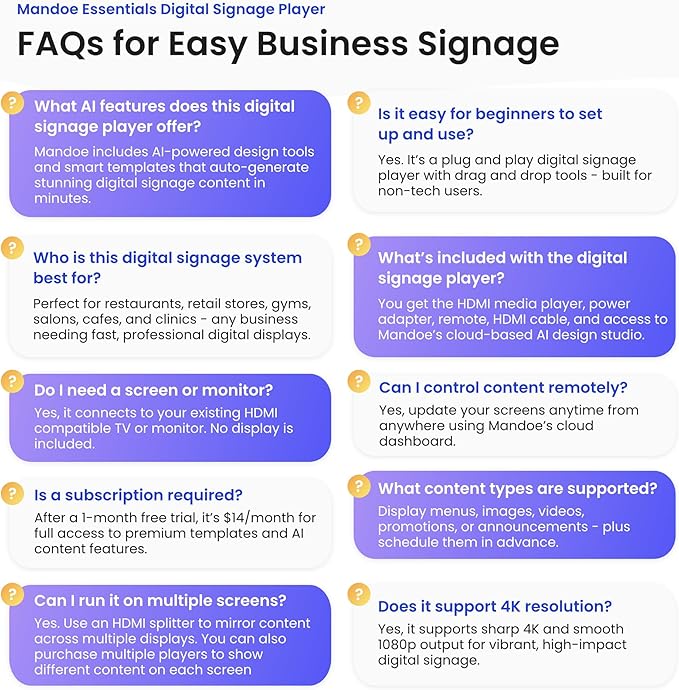 Digital Signage Player by Mandoe – Easy Setup, AI Template Creation, Premium Templates for Restaurants, Retail, and Business Displays