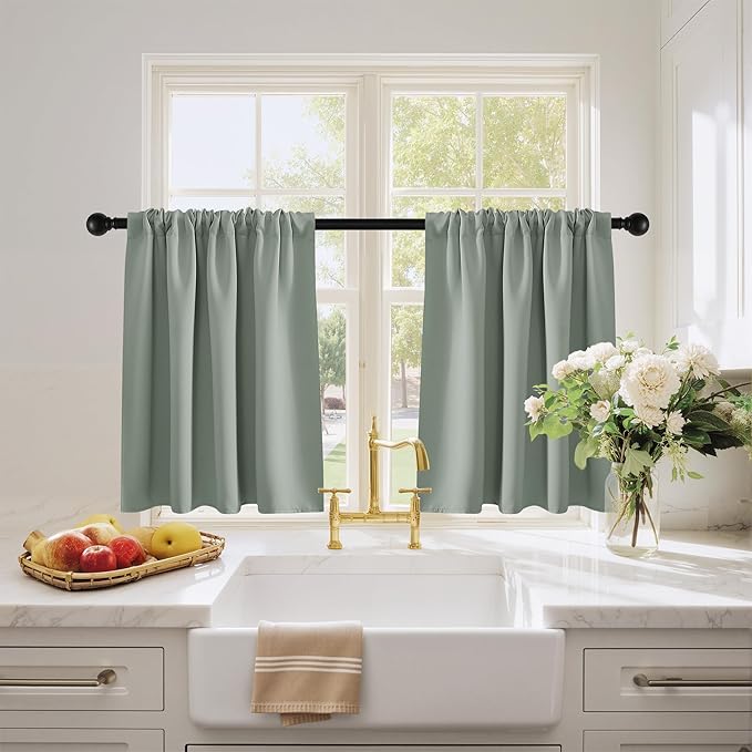 PONY DANCE Sage Green RV Curtains for Camper Windows, Rod Pocket Half Window Drapes for Basement, Privacy Blackout Energy Saving Curtains, Wide 29 x Long 24 inches, 2 Pcs