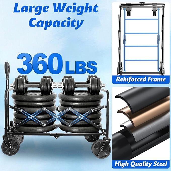 Collapsible Wagons Carts Foldable, 360lbs Portable Folding Wagon Cart with Wheels, Foldable Wagon Cart Utility for Camping, Beach, Grocery, Shopping, Sports, Garden(Deep Black)