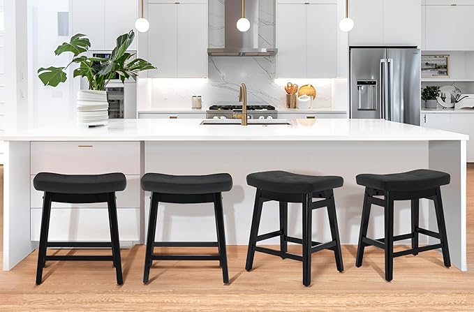 Counter Height Black Bar Stools Set of 6 for Kitchen Counter, Backless Farmhouse Kitchen Island Barstools with Upholstered Faux Leather Saddle Seat and Solid Wood Legs Modern 24 inch Bar Chairs