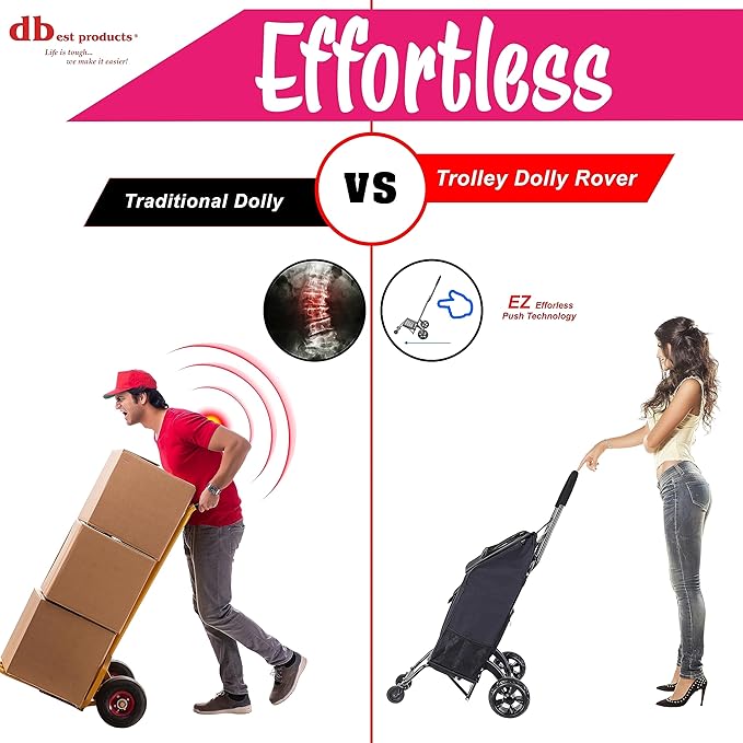 dbest Products Trolley Dolly Rover with Bag, 4 Wheeled Grocery Shopping Cart Push Folding Utility Hand Truck Swivel Wheels Garden Lightweight Luggage Carrito de Compras Plegable