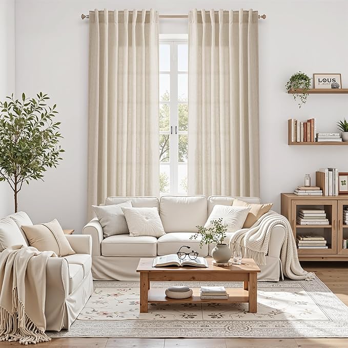 Nanspring Living Room Curtains 63 Inch Length Linen Birch Beige Luxury Light Filtering Semi Sheer Curtain Back Tab Modern Farmhouse Decor Elegant Coastal Drapes for Bedroom Office 52x63, 2 Panels