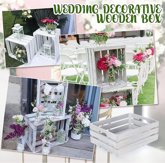 Soaoo 3 Pcs Decorative Nesting Wooden Crates for Storage Display, 3 Sizes Rustic Wood Decorative Storage Crates with Handle Farmhouse Crate Box Container(Rustic White)