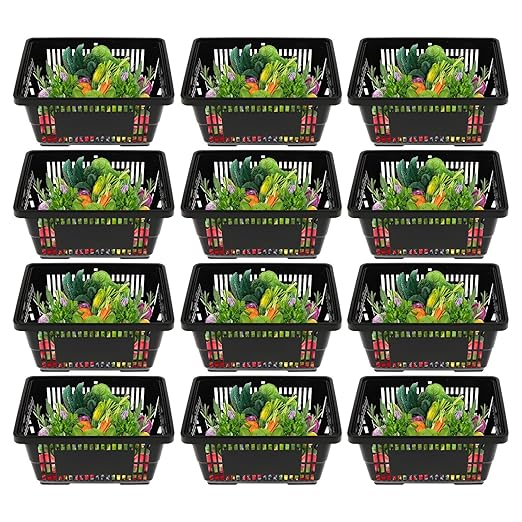12Pcs Shopping Baskets with Handles, 21L Durable Plastic Shopping Basket, 22Lbs Load-Bearing Capacity, Stackable Portable Grocery Basket for Supermarket, Retail Shop, Bookstores (Black,16.9"X9"X11.8")