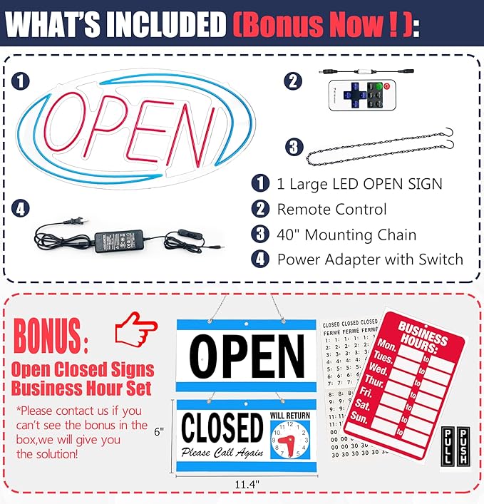 Open Signs for Business,Neon Open Sign Led,24"x 12",Remote Control Open/Closed Bussiness Hour Sign Set,Light for Bar Coffee Salon Store Window,12V/2A Adapter with ON/OFF Switch (Blue/Red Oval)