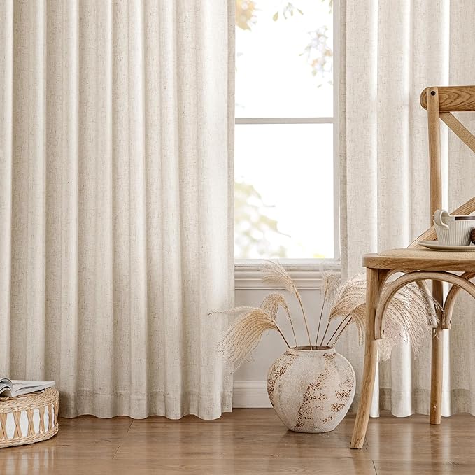 MIULEE Non-See-Through Privacy Linen Curtains 2 Panels, Light Filtering Window Curtains Farn House Textured Back Tab Semi Sheer Drapes for Bedroom Living Room, 52 x 96 Inches Long, Birch
