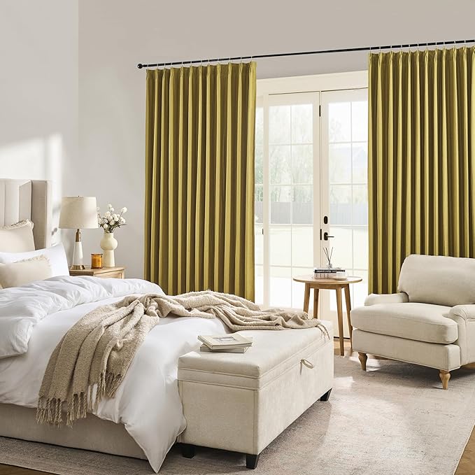 DUALIFE Mustard Yellow Pinch Pleated Blackout Curtains 84 Inches Long, Back Tab with Hooks, Linen Full Black Out Thermal Insulated Track Curtain for Bedroom Living Room,40 W x 84 L, 2 Panels