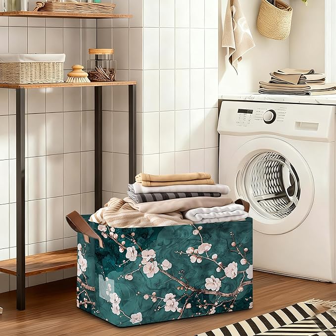 Plum Blossom Storage Bin with Handles, Basket Storage Organizer for Shelves, Closet, Nursery, Book, Laundry Hamper & Home Decor
