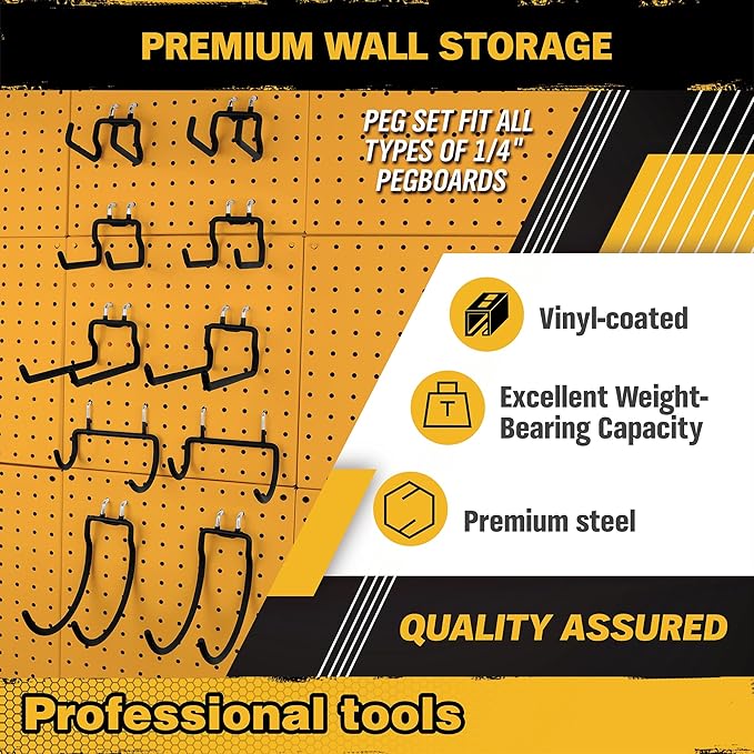 ELEAD 12-Piece Pegboard Hooks with Extension Straps, Heavy Duty Organizer Pegboard Accessories Fit for 1/4" Pegboard, Peg Board Tool Utility Hangers for Power Tool, Drill, Bag, Cord