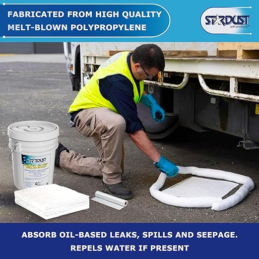 Stardust Spill Products D905P Oil Spill Kit OSHA Approved with Portable Bucket, (15) Oil Absorbent Pads, (2) 3"x4' Absorbent Socks, (4) Disposal Bags & Nitrile Gloves Oil Spill Kit for Fast Response