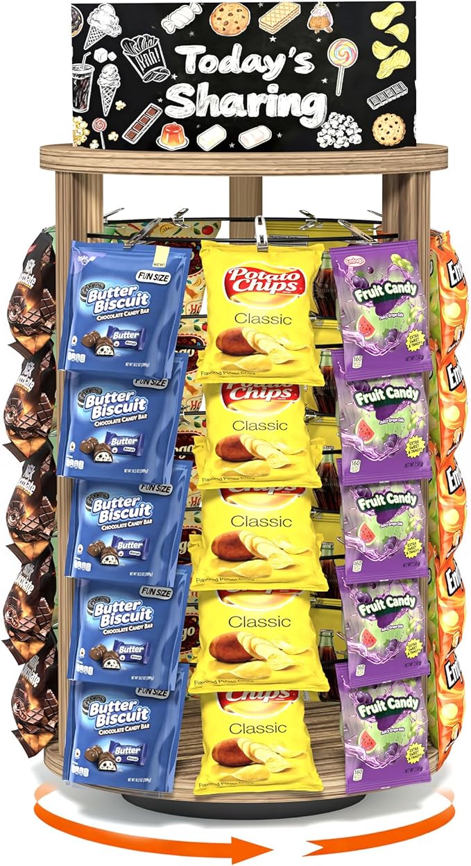 5 Tier 50 Clips 360°Rotating Snack Organizer, Wooden Chip Rack Display Stand - Chip Bag Holder Candy Display with Message Board for Countertop Home Office Party Retail Concession Stand