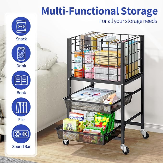 TOOLF 3-Tier Rolling File Cart, Metal Storage Drawer Cart with 2 Sliding File Trays, Adjustable Rod for Hanging Various File Sizes, File Organizer Cabinet on Wheels, for Office, Home, Classroom, Black
