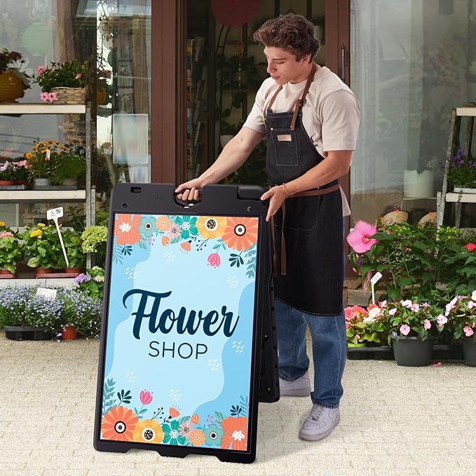 Jumbl Outdoor A-Frame Sandwich Signboard 24” x 36” Display Surface – w/PVC Sign Protector & Sand Fill Holes – Duel Display Signage Stand for Storefront Sidewalk Curb (Black)