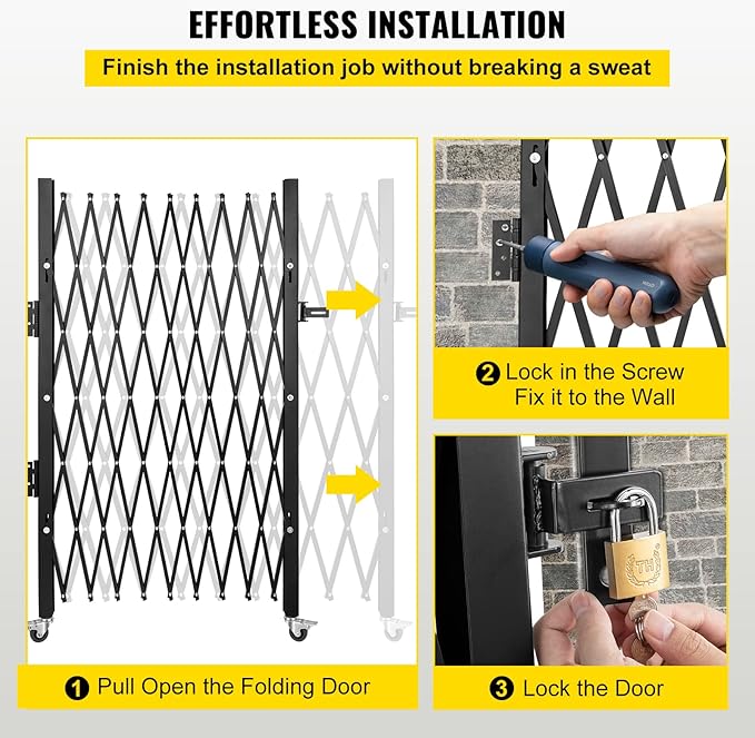 VEVOR Single Folding Security Gate, 7 ft H x 7 ft W Folding Door Gate, Steel Accordion Security Gate, Flexible Expanding Security Gate, 360° Rolling Barricade Gate, Scissor Gate/Door with Padlock