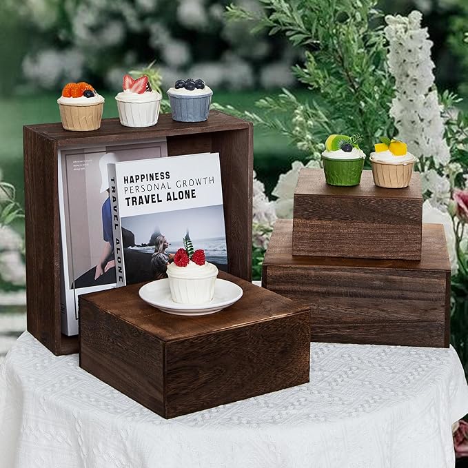 4 pieces wooden cake stands,antique brown cupcake stands for display,12 inches square wooden crates ,wood display risers for wedding,birthday party,Christmas,etc. (Antique Brown)