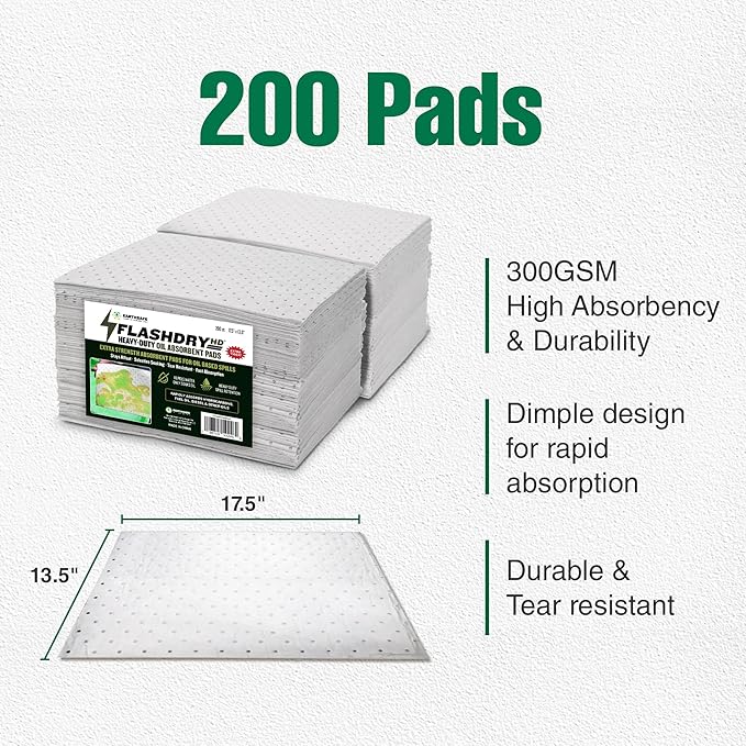 FLASHDRY Heavy Duty Oil Absorbent Pads - 300GSM/4mm (200 Pack, 17.5"x13.5") - Oil-Only Spill Pads for Garage, Marine, Automotive & Industrial Use - Fast Absorbing, Unsinkable, Cut to Size