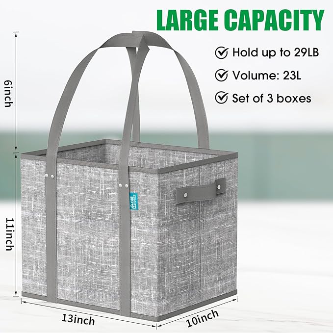Fab totes Reusable Grocery Bags, Large Foldable Shopping Tote Bags with Reinforced Handles & Hard Bottom,3 Pack,Grey