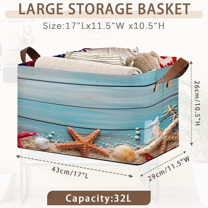 Beach Seashell Starfish Storage Basket Large 17x11.5x10.5 Inche-Collapsible Fabric Organizer Bin with Handles for Bathroom, Nursery, Beach Towels-Decorative Hamper with Coastal Nautical-Single Pack