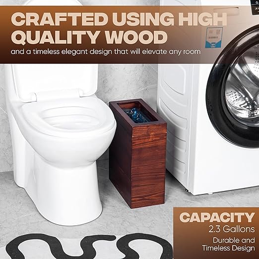 2.3 Gallons Rectangular Wooden Trash Can | Trash Can with Bin Liners | Decorative Waste Basket | Recycling Bin for Bathroom | Natural Wood Finish Basket for Kitchen | Paper Basket for Office