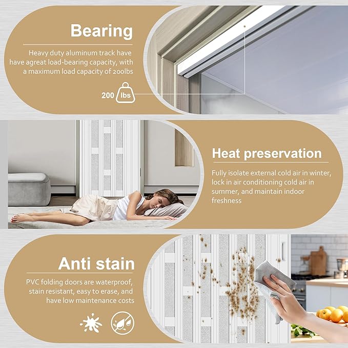 72X79in Frosted Acrylic Glass PVC Accordion Folding Door for Closet,Multifold Interior Door with Installation Hardware,Includes Handle and Latch,White Beech
