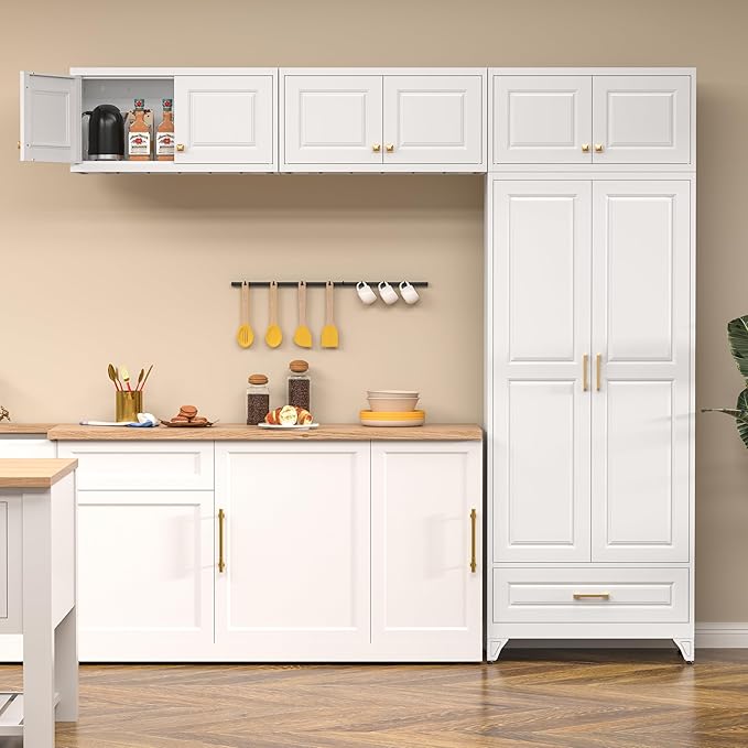 Kitchen Pantry Cabinet, Metal Storage Cabinet with One Drawer, 90" Tall Pantry cabinets with Doors and Shelves, for Living Room, Dining, White,16" D x 32" W x 90" H, Assembly Required
