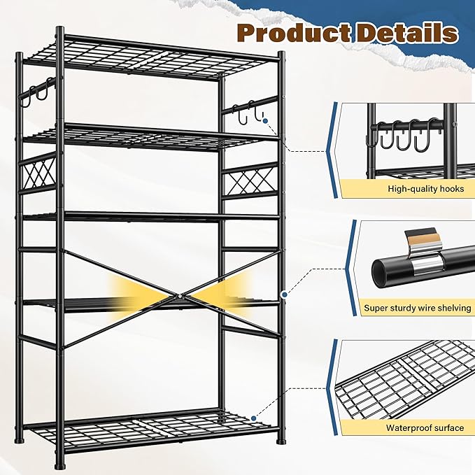Storage Shelves 5-Tier Large Capacity Metal Shelving with Hooks, Heavy Duty Garage Shelving Unit with Leveling Feet, Stable Metal Shelves for Pantry, Kitchen and Closet, 72" H x 36" W x 12" D, Black