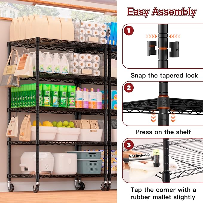 PrimeZone Wire Shelving Unit with Wheels, 5 Tier Adjustable NSF Certified Heavy Duty Metal Storage Shelves, Pantry Organizer Rack Rolling Kitchen Shelf for Closet Garage, 24" W x 18" D x 75" H, Black