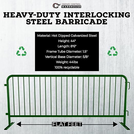 Angry Bull Barricades Metal Interlocking Steel Barricade (8.5 Ft. Heavy Duty, Flat Feet, Green Powder Coated, Set of 20)