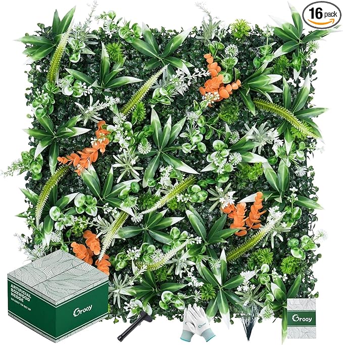 20"X20" Artificial Boxwood Panels, 16PCS Grass Wall Hedge Panels UV-Protected Greenery Privacy Hedge Screen, Grass Backdrop Wall for Indoor Outdoor Patio Balcony, Party Garden Fence Decor