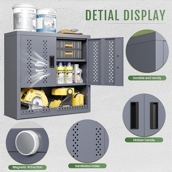 Metal Garage Wall Cabinet, Wall Mounted Storage Cabinets with Doors, Floating Steel Cabinet with Adjustable Shelves and Open Drawer, Heavy-Duty Tool Organizer for Warehouse, Basement, Kitchen