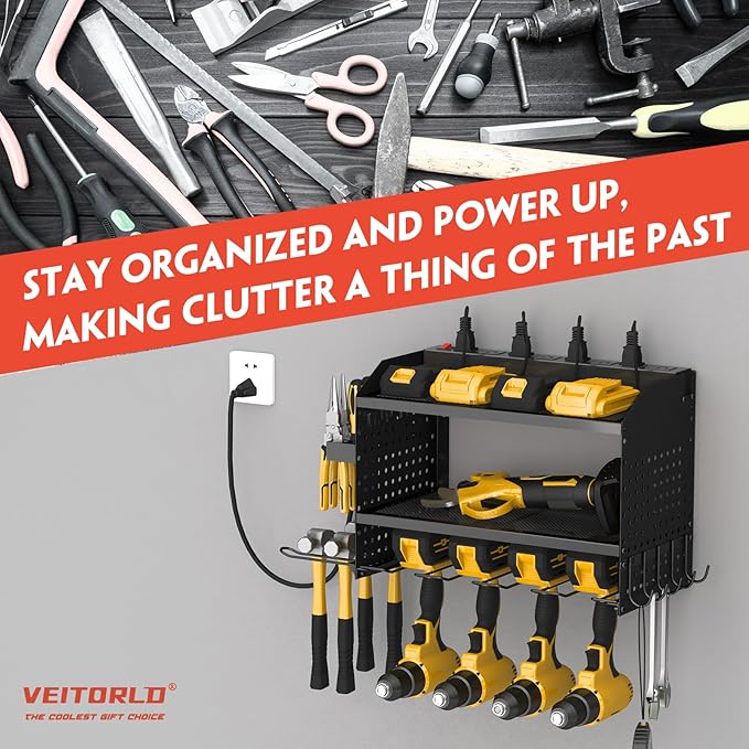Veitorld Power Tool Organizer Wall Mount with Charging Station, 4 Drill Holder Heavy Duty Cordless Tool Storage Rack, Metal Garage Organizers and Storage, Christmas Birthday Gifts for Men Dad Him
