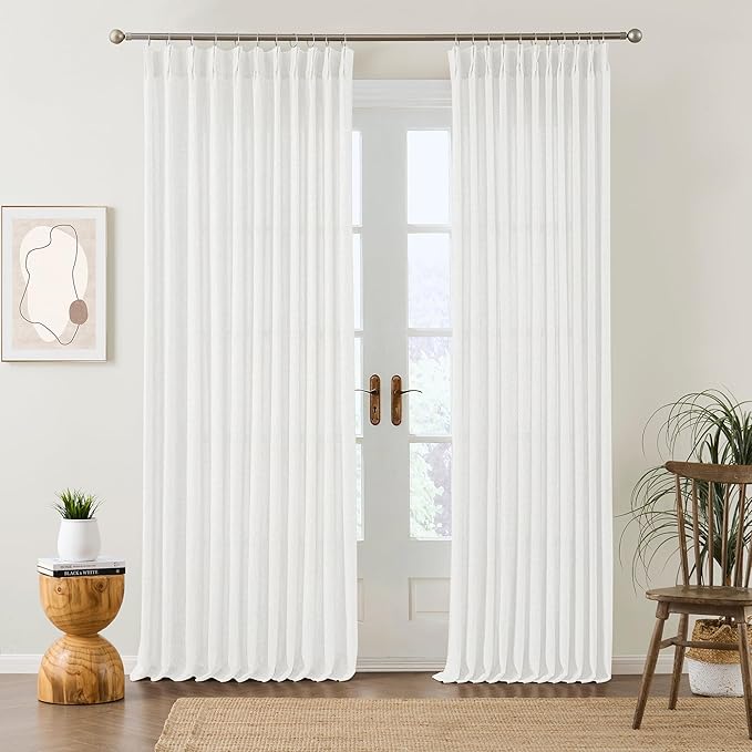 RAIN CITY 100 Inch Curtains White Linen Pinch Pleated Semi Sheer Curtain with Hooks 2 Panels 50 x 100, Farmhouse Textured Pleated Window Memory Shape Drapes for Living Room Bedroom