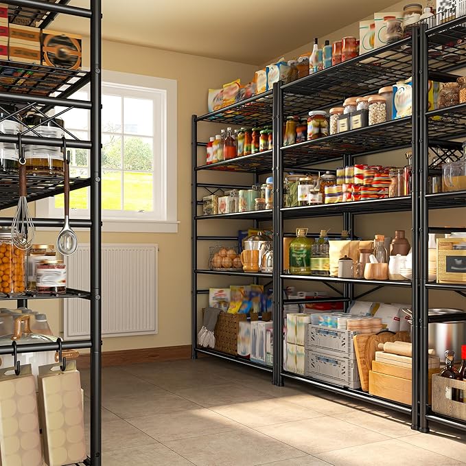 Storage Shelves 5-Tier Large Capacity Metal Shelving with Hooks, Heavy Duty Garage Shelving Unit with Leveling Feet, Stable Metal Shelves for Pantry, Kitchen and Closet, 72" H x 36" W x 12" D, Black