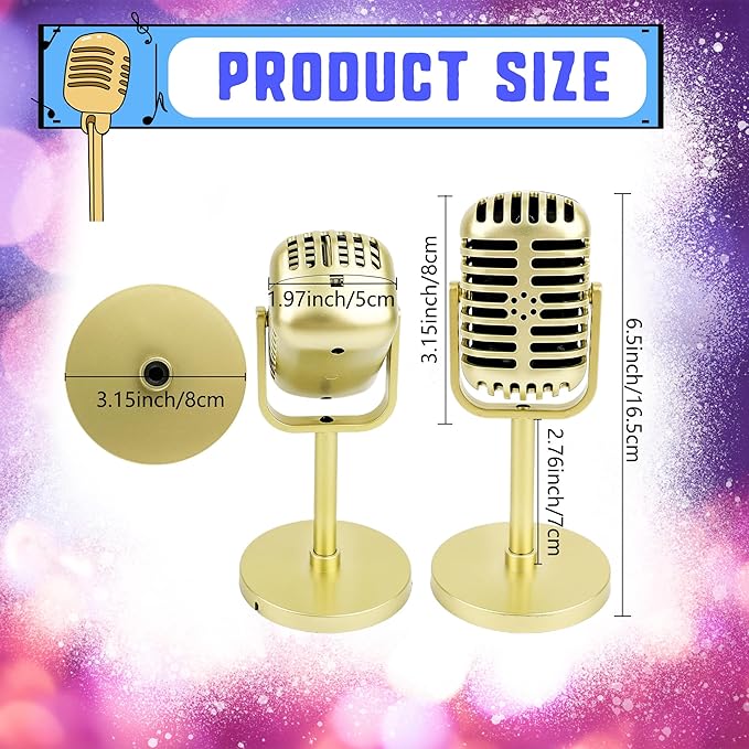 10 Pack Retro Microphone Props Fake Microphone Model with Stand Classic Vintage Plastic Antique Mic Table Decor for Halloween Party Decoration Rock Hip Hop Music Prop Pretend Play (Golden)