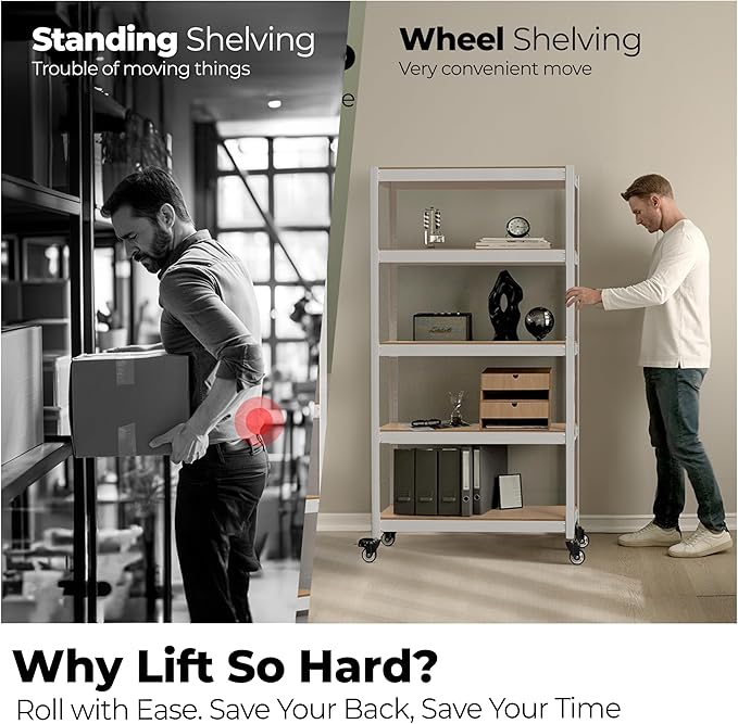 HOMEDANT House 5-Tier Metal Rolling Cart Shelf Rack Casters Heavy Duty Laminated Wheel Shelving Unit Adjustable Utility Storage Shelves Organizer Shelf Kitchen Garage (3, (L) 48.1" W, White)
