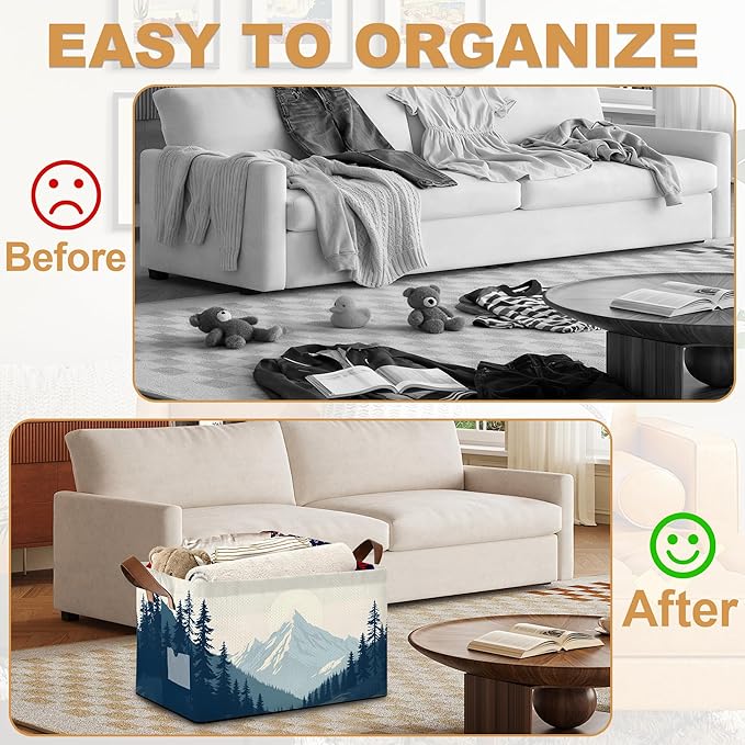 Decorative 32L Blue Misty Forest Storage Bins with Handles, Organization and Storage, Cube Storage Organizer for Hamper, Nursery