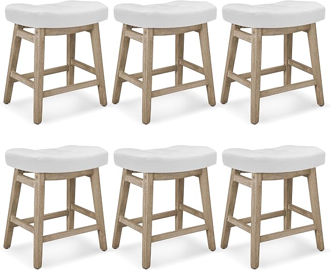 Counter Height White Bar Stools Set of 6 for Kitchen Counter Farmhouse Modern Barstools with Faux Leather Upholstered Backless Seat and Solid Wood Legs 24 inch Bar Chairs, White + Wood Color