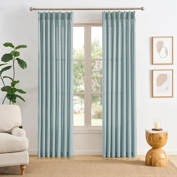 Light Blue Linen Pinch Pleat Curtains 108 Inches Long Pleated Semi Sheer Textured Drapes Hooks Back Tab Coastal Modern Light Filtering Curtain 2 Panels for Living Room Bedroom Office 42x108