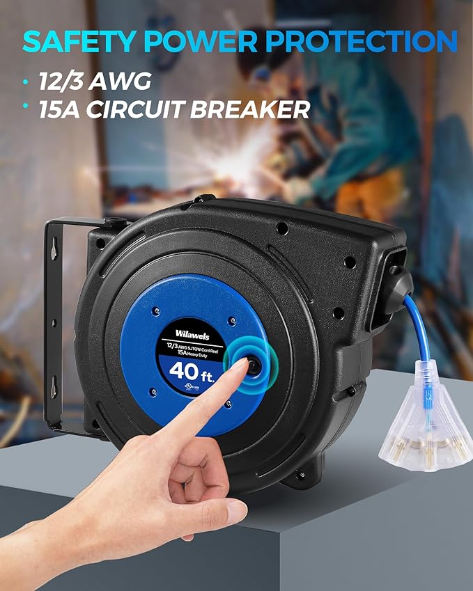 Retractable Extension Cord Reel, 40 FT Heavy Duty Power Cord, 12AWG/3C SJTOW, 3 Grounded Outlets Lighted Triple Tap, 15 Amp Circuit Breaker, UL Listed, Blue U40CR06