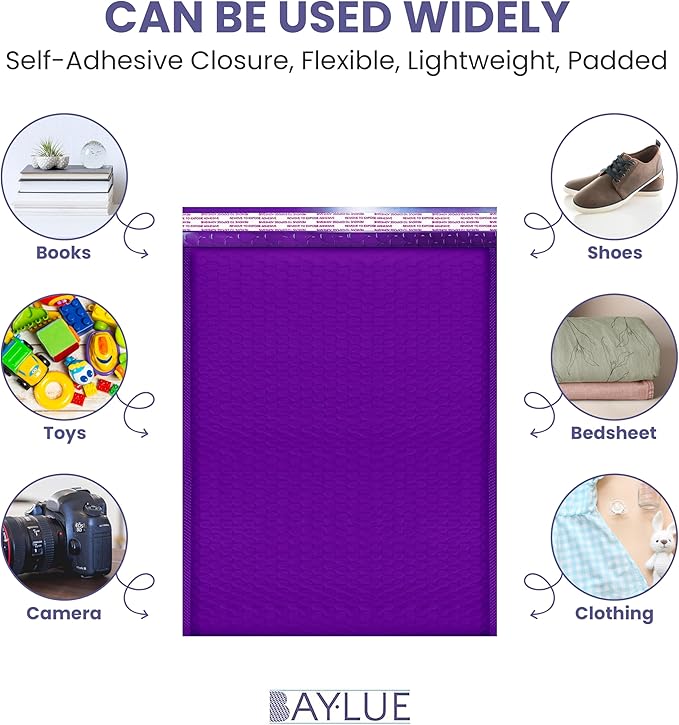Purple 10x13 Inch Poly Bubble Mailers |Self Seal Padded Envelopes for Thick books | Air Cushioned Bubble Mailer | Usable Size 9.5x13 | Waterproof Lightweight Mailing Shipping Bags | 100 Pack Bulk