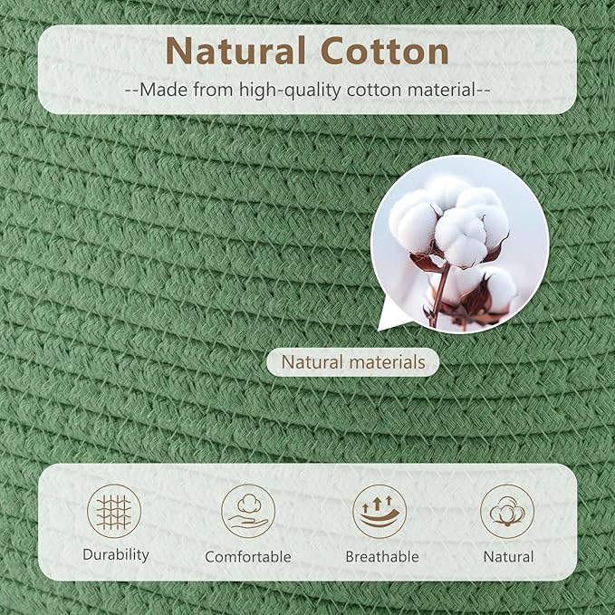 Cotton Rope Basket, Storage Baskets with Handle, 15x10x9 Inch Woven Basket for Shelves, Laundry, Towels, Clothes, Books (Green 1Pack)