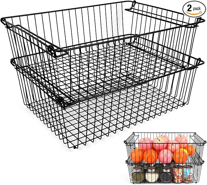 Set of 2 Stackable XXL Wire Baskets For Pantry Storage and Organization -16x12in Large Metal Food Baskets -Vegetable,Fruit,Potato,Onio, Pantry Storage Bins With Handles (Black, XXL)