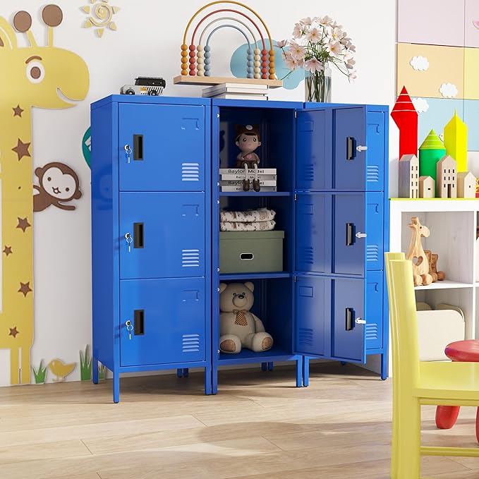Aobabo 16" W 3 Door Metal Storage Locker with Lock, 47" H Steel Locker with Name Card Holder and Metal Leg for School, Home, Office, Playroom, Assembly Required, Blue