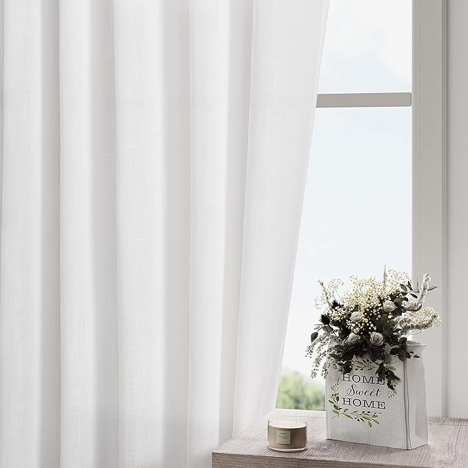 Nanspring White Semi Sheer Curtains 86 Inches Long 2 Panel Set Pocket Back Tab Linen Light Filtering Decorative Decor Curtain Drapes for Bedroom Living Room 52x86