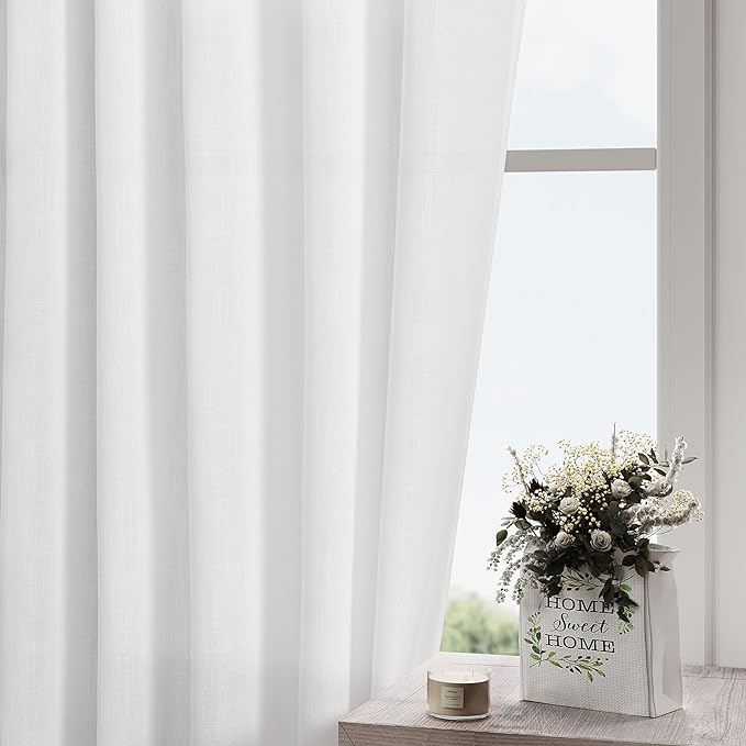 Nanspring White Small Linen Textured Curtains 24 Inch Length Light Filtering Semi Sheer Short Curtains Back Tab Rod Pocket Boho Kitchen Tier Window Curtain for Bathroom Basement Camper 26x24 Inches