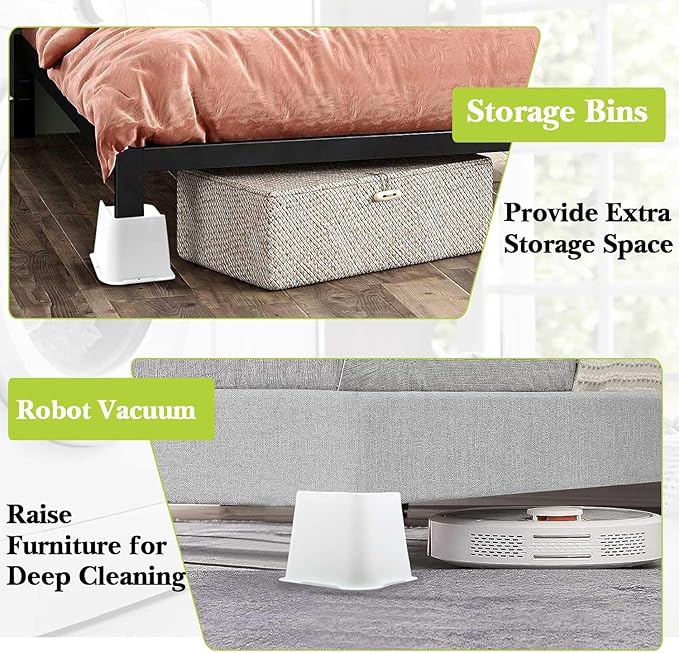 Bed Risers 1 inch, 2 inch, 3 inch, 4 inch, 6 inch, 8 inch Heavy Duty, Oversized Furniture Riser for Couch Sofa Table Chair Leg Frame Dorm, Support up to 6000 Lbs (White 8 Pack, 4 inch)